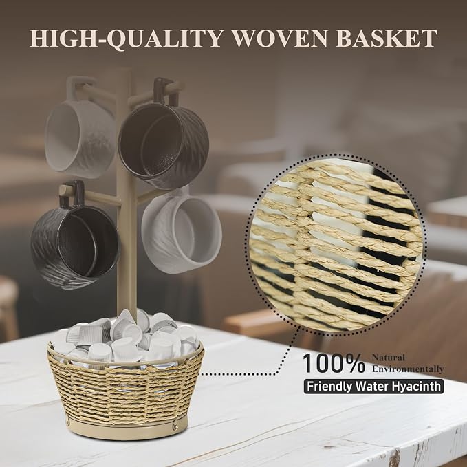 Wood Mug Holder Tree with Woven Basket, 4 Hooks Coffee Mug Holder, Countertop - Image 4
