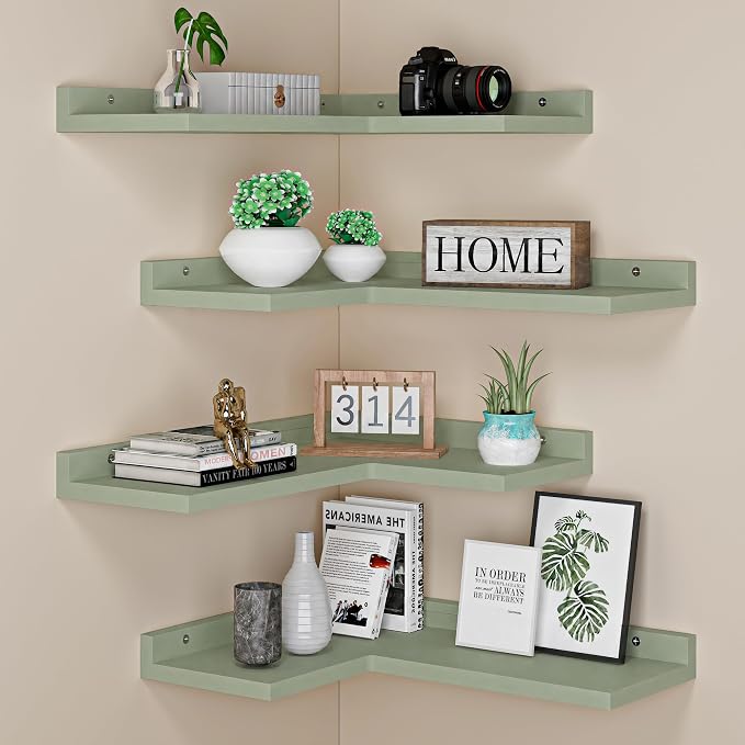 4 Tier Floating Corner Shelves Cyan Set of 4, Rustic Pine Wooden Floating by Eostbe