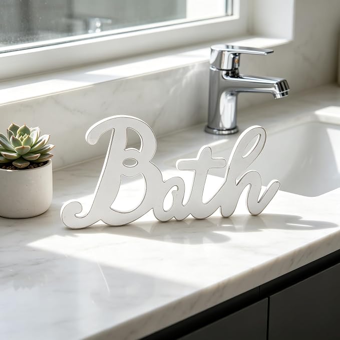 Rustic Bath Signs for Bathroom 14 inches, Hanging Distressed White Bathroom - Image 3