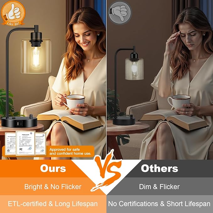 Industrial Table Lamp with USB A+C Ports and Outlet, Fully Stepless Dimmable - Image 5