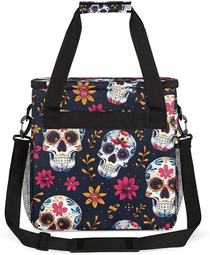 Sugar Skull Flowers Coffee Maker Carring Bag, Large Insulated Storage Organizer - Image 5