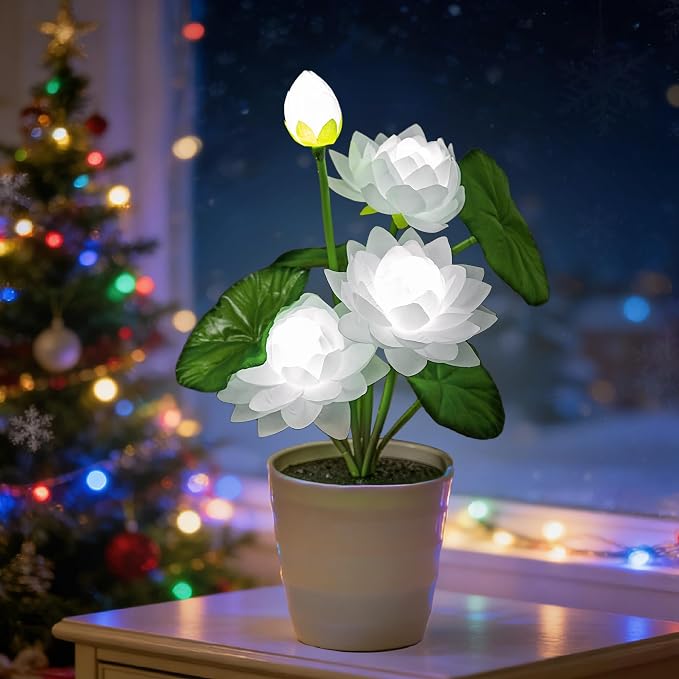 Artificial White Lotus Flower Lamp Flower Night Light by Hibeauti