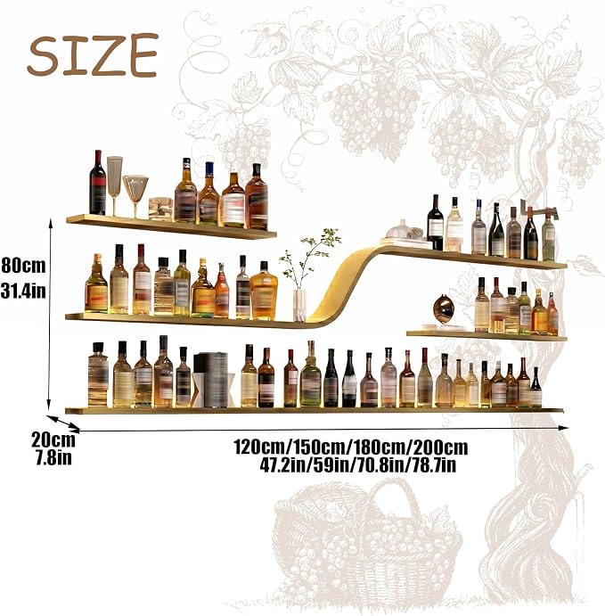 Wall Mounted Wine Rack with LED Lights, Modern Curved Design Floating Bar - Image 2