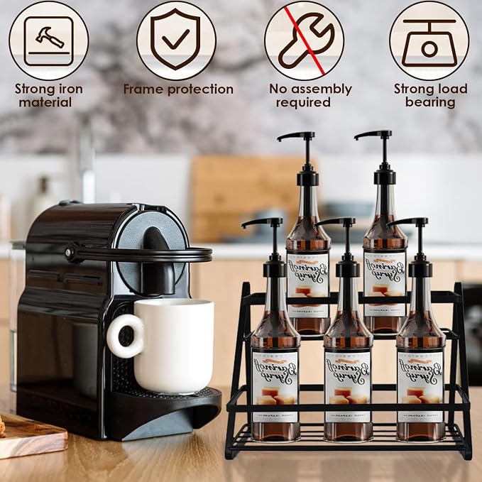 2-Tier Coffee Syrup Rack Organizer 6 Bottle Capacity, Sturdy Metal Storage Shelf - Image 4