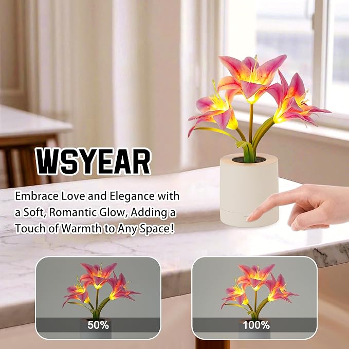 WSYEAR Pink Morning Glory Flowers Table Lamp, Charging Dimmable Cordless - Image 3