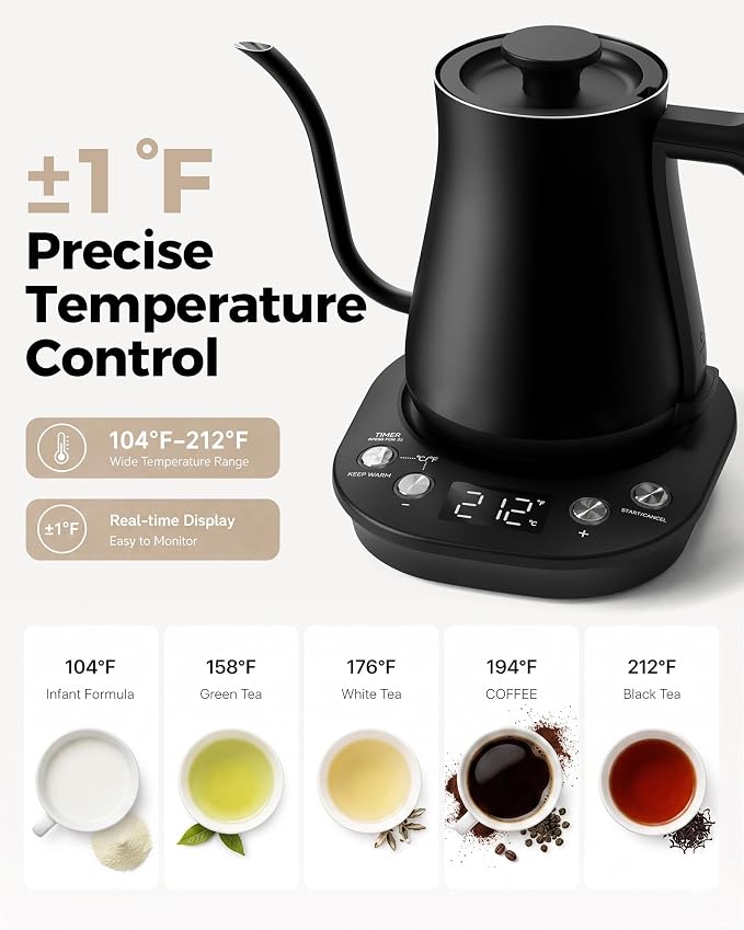 Gooseneck Electric Kettle with ±1℉ Temperature Control, 304 Stainless Steel - Image 4