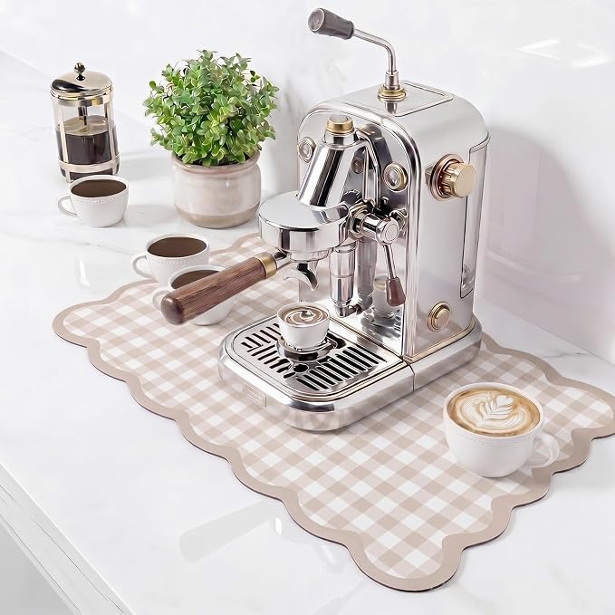 Scalloped Gingham Coffee Mat 12" x 20" Absorbent Coffee Bar Mat Brown Gingham by Ferrochef