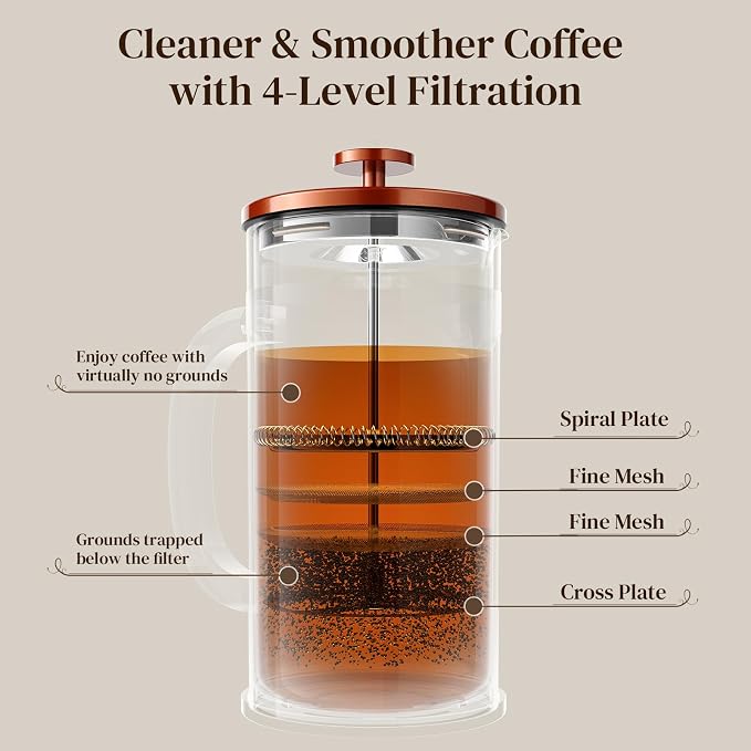 Veken French Press Coffee Maker 34oz 1 L, No Plastic Touching Cafe, Heat - Image 6