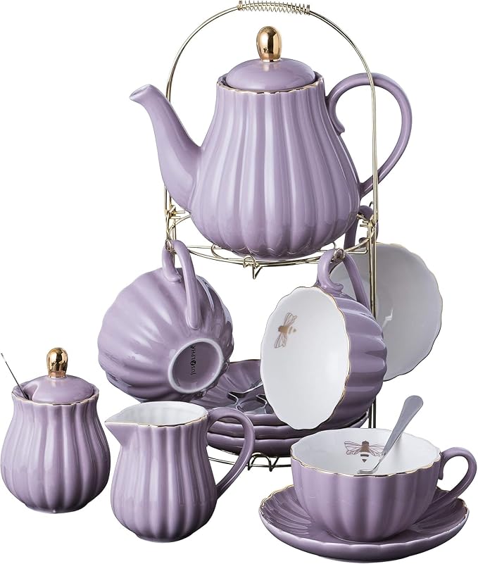 Jusalpha Fine China 8 OZ Purple Coffee Cup/Teacup, Teapot and Creamer Set by Jusalpha