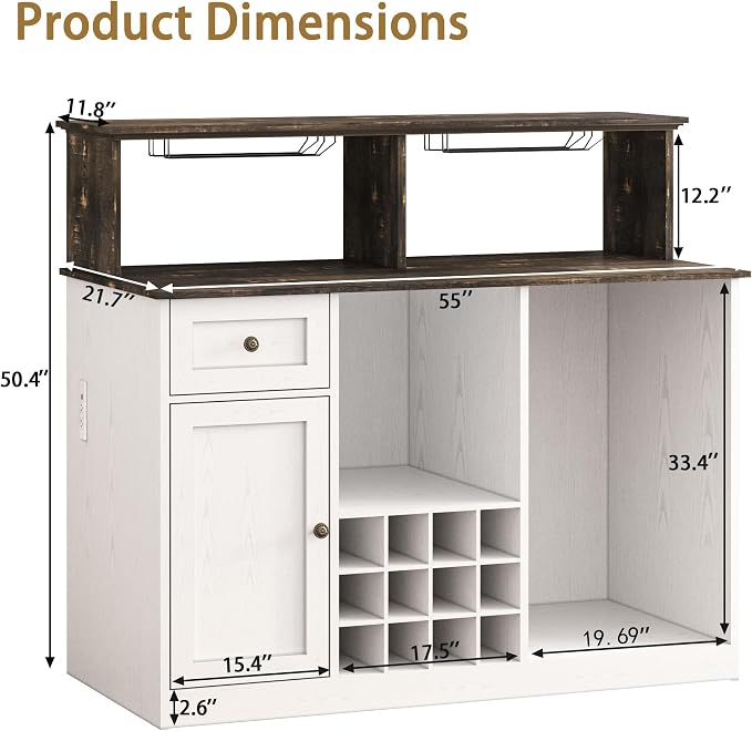 55'' Wine Bar Cabinet with Mini Fridge Space, Liquor Coffee Cabinet with LED - Image 2