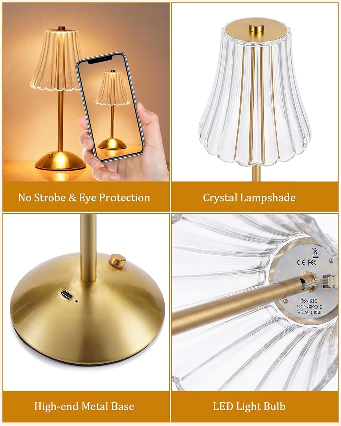 Nusogon Rechargeable Cordless Table Lamp, Touch Control Crystal Desk Lamp - Image 6