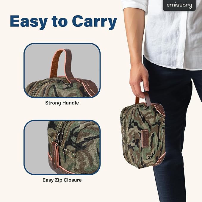 emissary Men's Canvas Travel Toiletry Bag, Leather Dopp Kit - Image 3