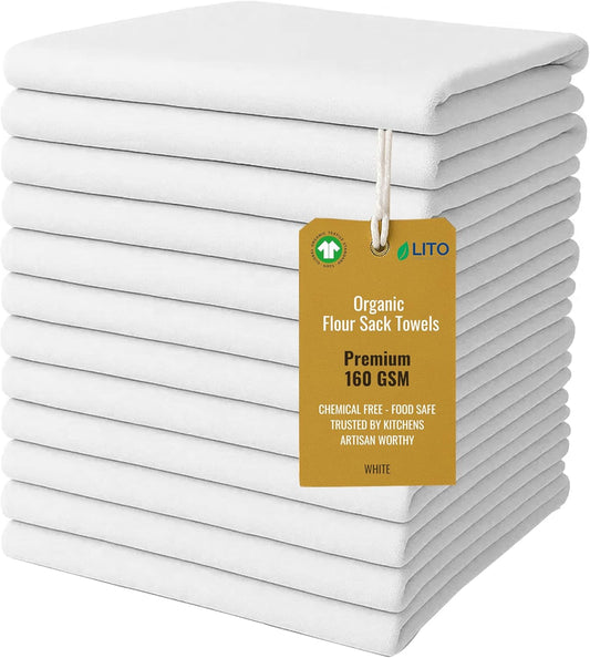 Flour Sack Towels | Tea Towel for Crafts| Kitchen Dish | Cotton Blank Towel for Embroidery| Baking Bread Proofing Linen Cover| Thick Absorbent Quick Dry |12 Pack 28"x28" White