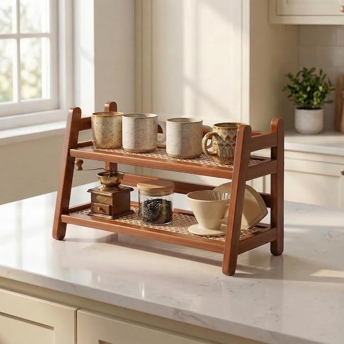 Bamboo 2-Tier Coffee Station Organizer, 14.6"×6.7"×10.6" Countertop Organizer by LUUTUUORA