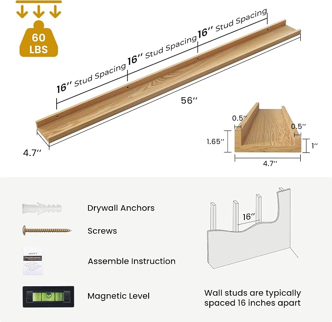 Acovy Solid Ash Wood Picture Ledge Shelf, Floating Shelves Set of 2, 56 Inch - Image 3