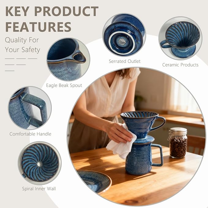 Ceramic Pour Over Coffee Maker Set, Starry Blue Coffee Dripper Cone - Image 2
