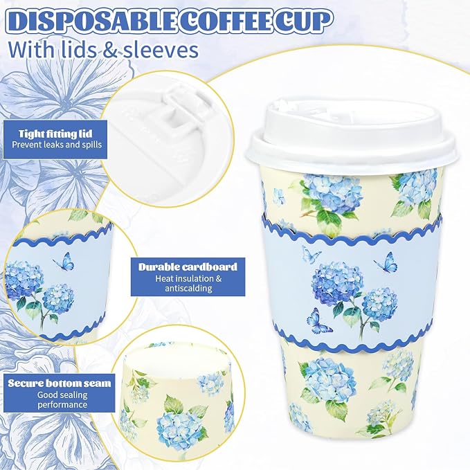 Whaline 50 Pcs 16 Oz Hydrangea Flower Paper Coffee Cups - Image 3