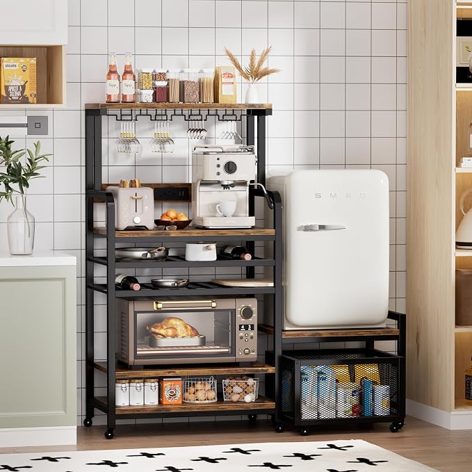 Mini Fridge Stand with Power Outlet, Microwave Stand with Wine Rack, Coffee bar - Image 2