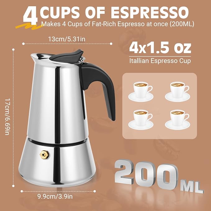 Moka Pot, 4 Cups Stovetop Espresso Maker, 304 Stainless Steel Moka Pot - Image 6