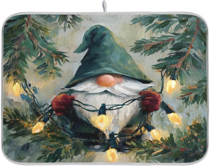 Gnome String Lights Beige Dish Drying Mat Coffee Bar Mat Pad Self Drying Mats by Unknown