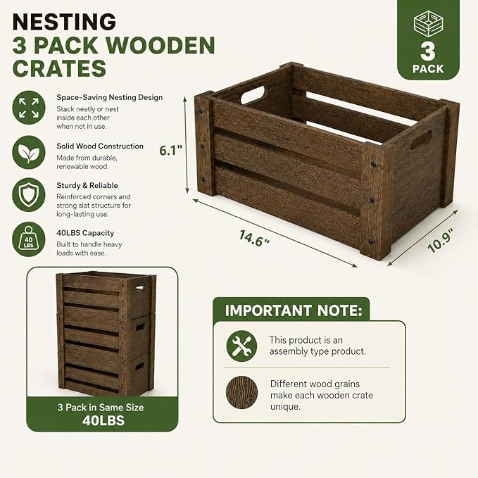 Wooden Crates for Display, 3 Pack Large Rustic Handmade Wood Crate for Storage - Image 2