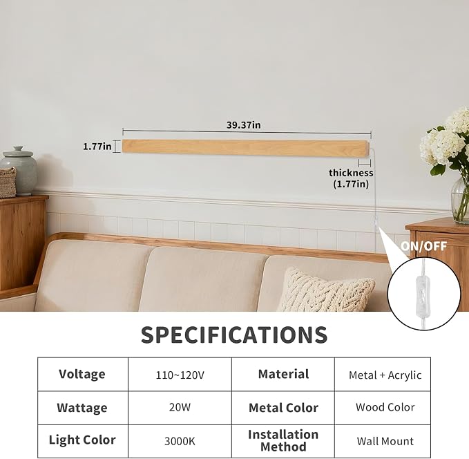 Modern Plug in Long Wall Sconce, 39.3" Faux Wood Texture Finish LED Wall Lights - Image 3