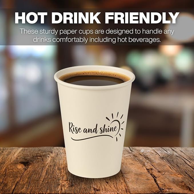 Disposable Coffee Cups with Lids, To Go Paper Hot Cups, Rise and Shine Design - Image 3