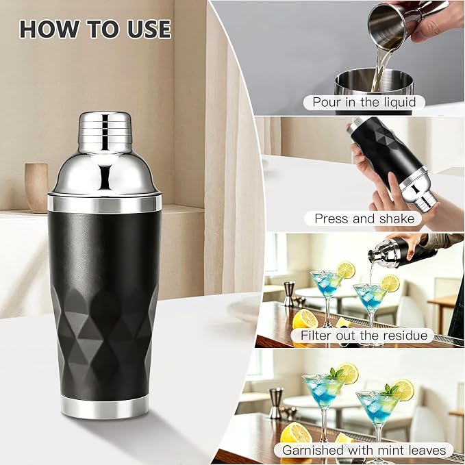 20oz Insulated Cocktail Shaker Black -Double Wall Vacuum, Built-In Strainer & - Image 4