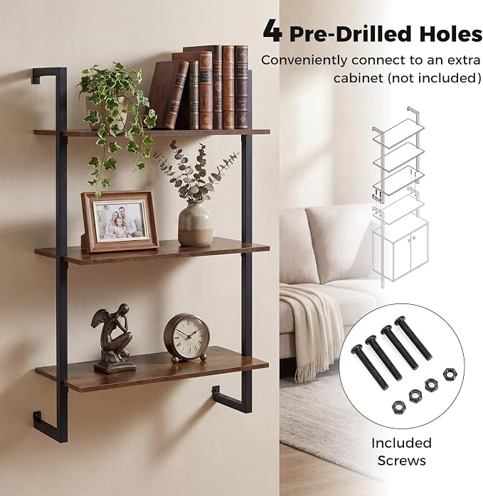 Giantex 3-Tier Wall-Mounted Bookshelf Set of 2, Industrial Floating Storage - Image 5