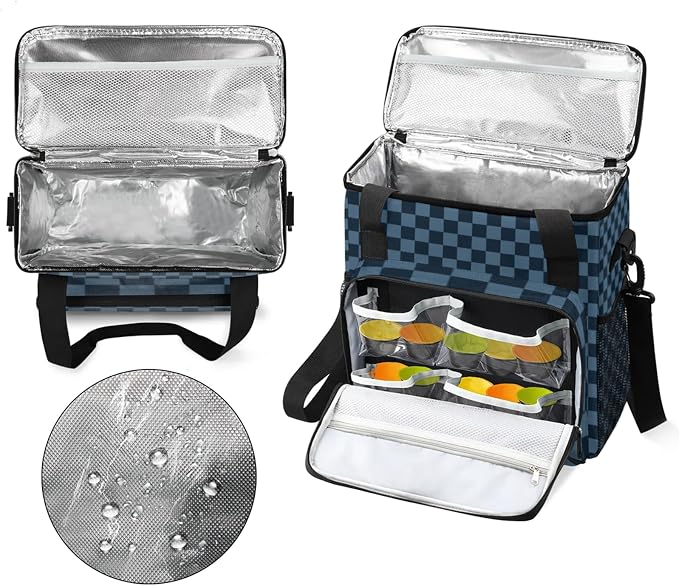 Checkerboard Dark Blue Coffee Maker Carrying Bag, Waterproof Insulated - Image 3
