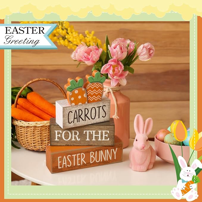 Lineshading 4 Pcs Easter Decor Wooden Carrot Decoration Easter Tiered Tray - Image 3