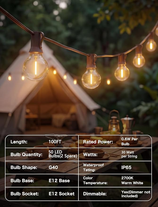 SUNSGNE 100FT Brown Outdoor String Lights, Shatterproof LED Globe String Lights - Image 5