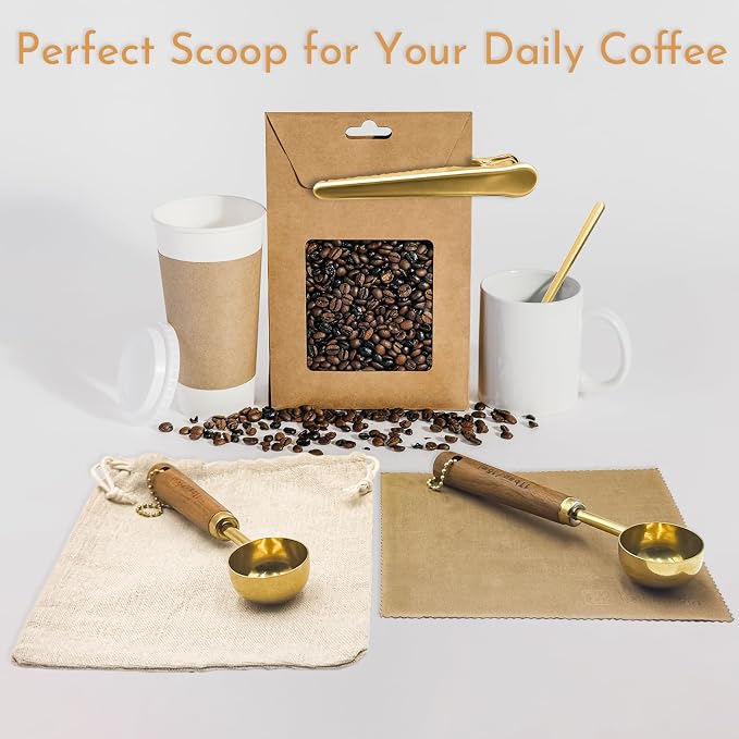 Gold Coffee Scoop with Wooden Handle, 1 Tablespoon / 15 ml, 304 Stainless Steel - Image 3