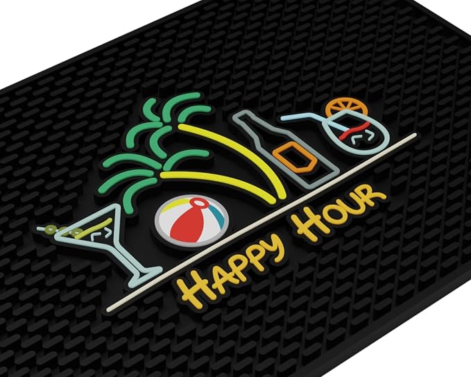 Happy Hour Silicone Bar Mat for Bartending 18x12 in, Cocktail Mat, Tiki Bar by CALUVAR