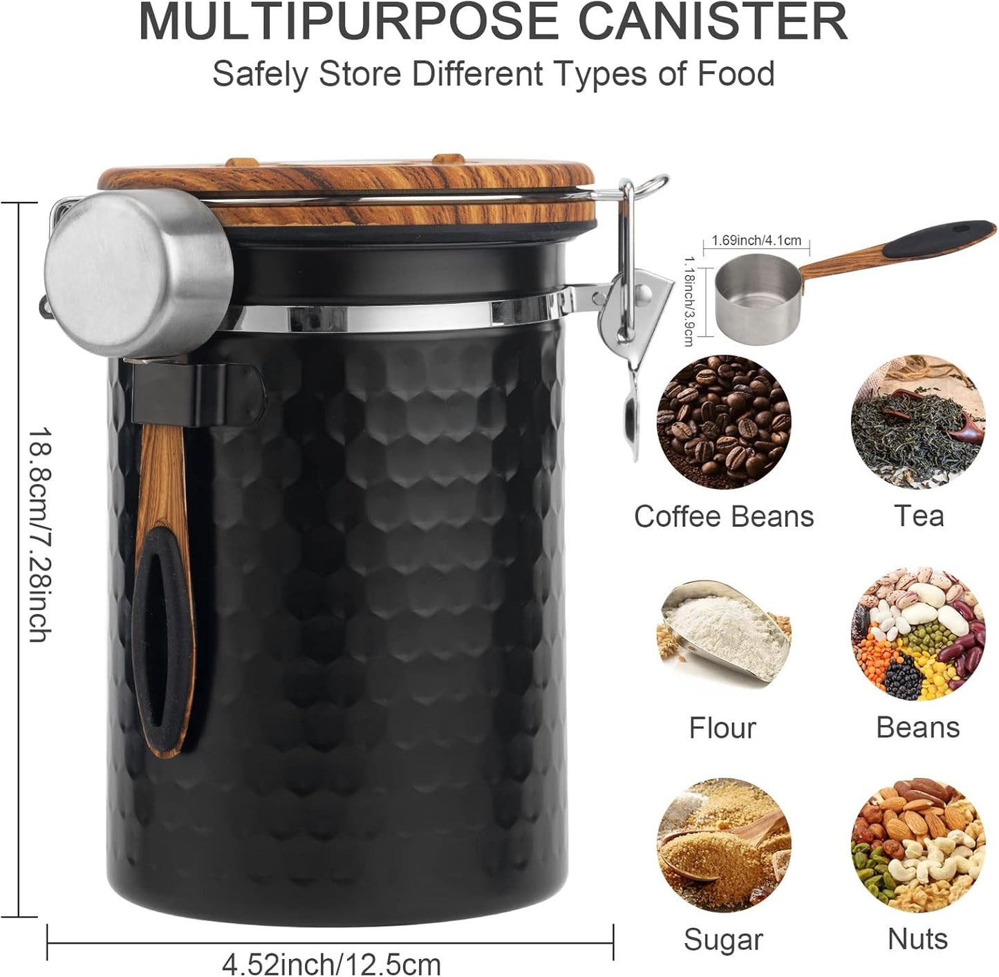 TEDSWAIT Coffee Canisters Airtight Coffee Bean Storage Container Kitchen Stainless Steel Food Storage Container with Scoop Date Tracker & CO2 Valve 61Fl Oz (Diamond Black)