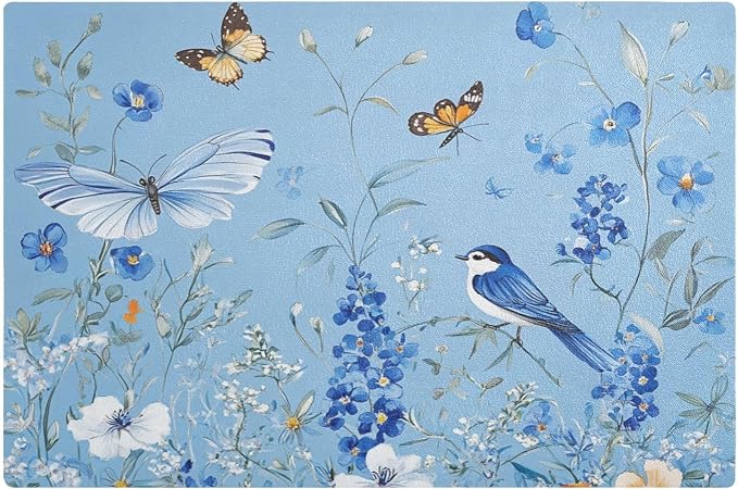Light Blue Floral Bluebonnet Butterflies Coffee Mat Coffee Bar Maker Station by QwThum