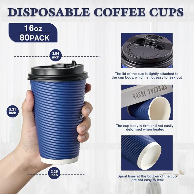 LITOPAK 80 Pack Insulated Ripple Wall 16 oz Disposable Paper Cups, Three Layer - Image 2