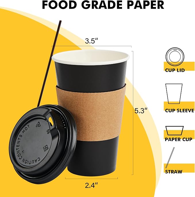 RACETOP 16 oz Paper Coffee Cups, 100 Pack Black Disposable Coffee Cups - Image 2