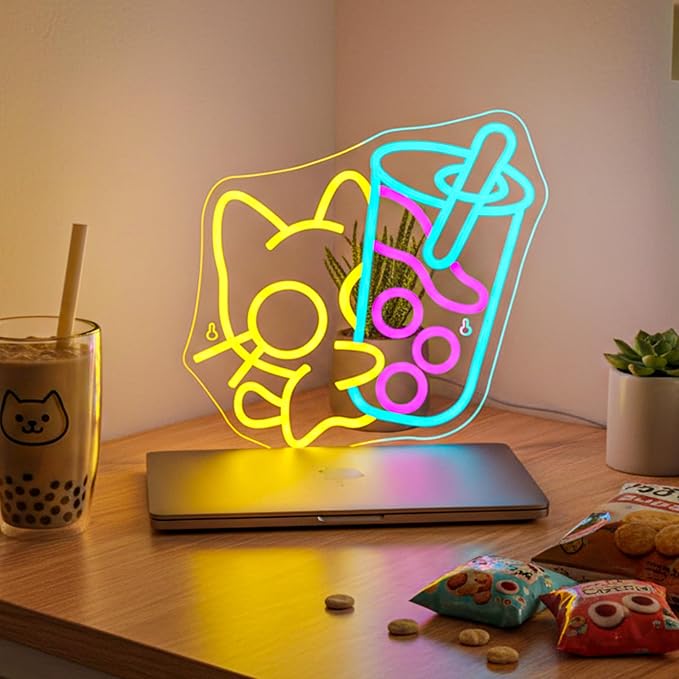 Looklight Cat Boba Tea Neon Sign Yellow Cute Kitty Bubble Tea Neon Signs - Image 6