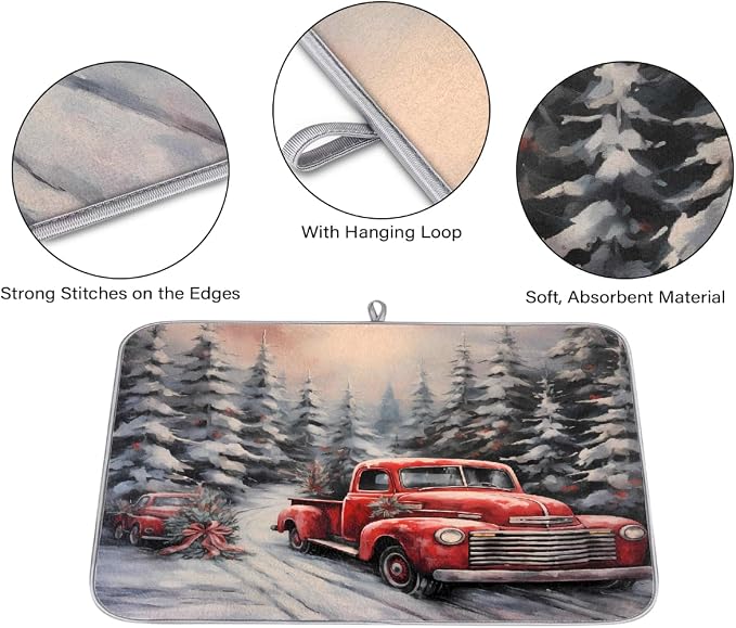 Xmas Red Truck Dish Drying Mat, Kitchen Counter Quick Dry Pads - Image 3