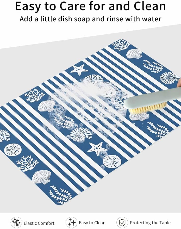 Striped Coffee Mat Ocean Navy Blue Starfish Shell Jellyfish Coral Absorbent Bar - Image 7