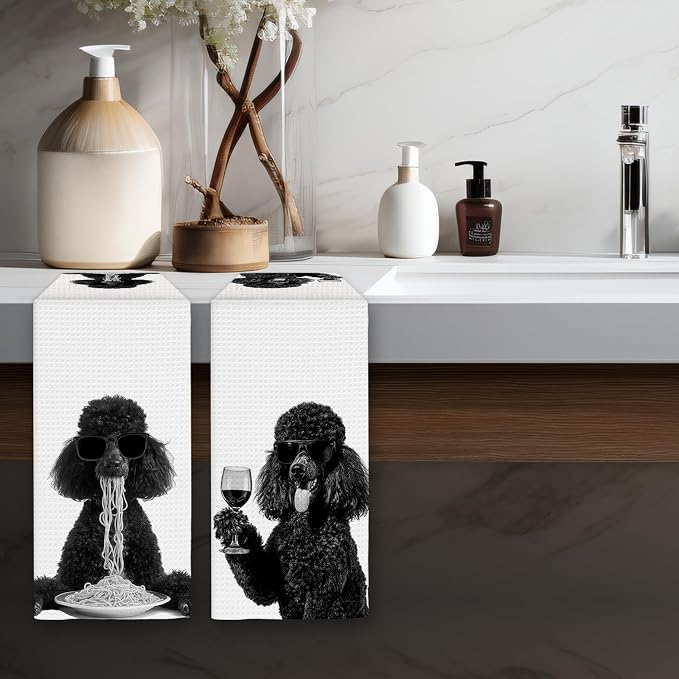 Black Poodle Gifts Wine Kitchen Towels Set of 2, Funny Black Poodle Dog Eating - Image 5