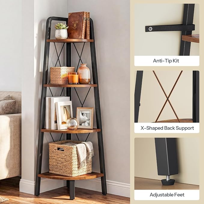 HOOBRO Corner Shelf, 4-Tier Corner Shelf Stand, 53.5" Tall Ladder Bookshelf - Image 8