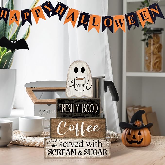 Lineshading 4 Pcs Halloween Table Decor Coffee Ghost Wooden Sign Halloween - Image 7