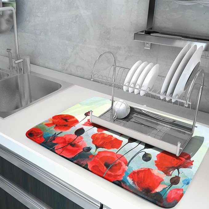 Red Watercolor Flower Dish Drying Mat - Image 5