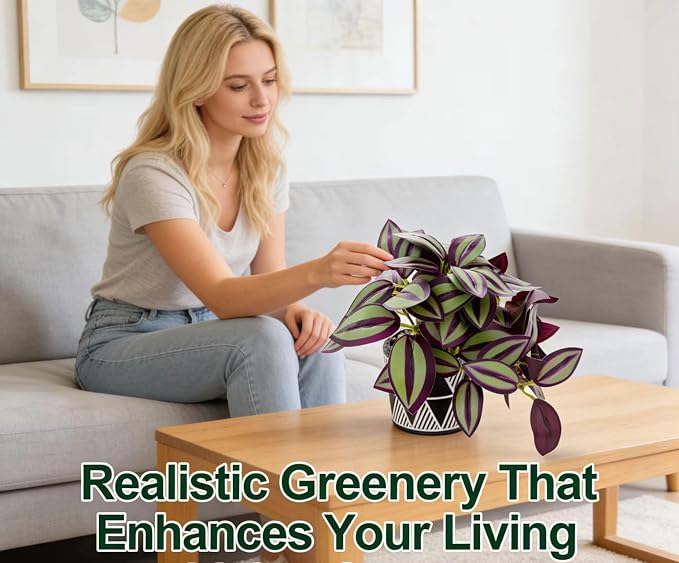 7" Artificial Tradescantia Zebrina Plant in Geometric Ceramic Pot, Lifelike - Image 5