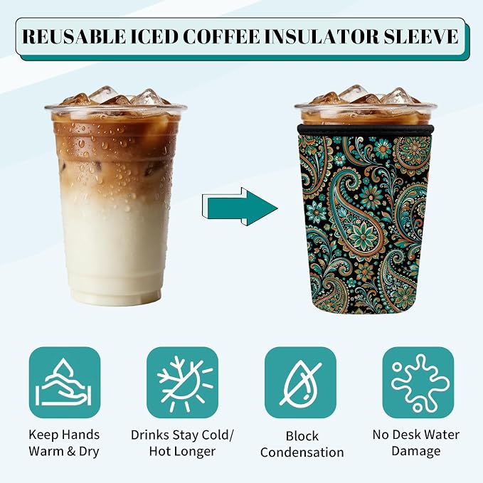 Paisley Floral Iced Coffee Cup Sleeve 3 Pack, Boho Reusable Neoprene Holder - Image 5