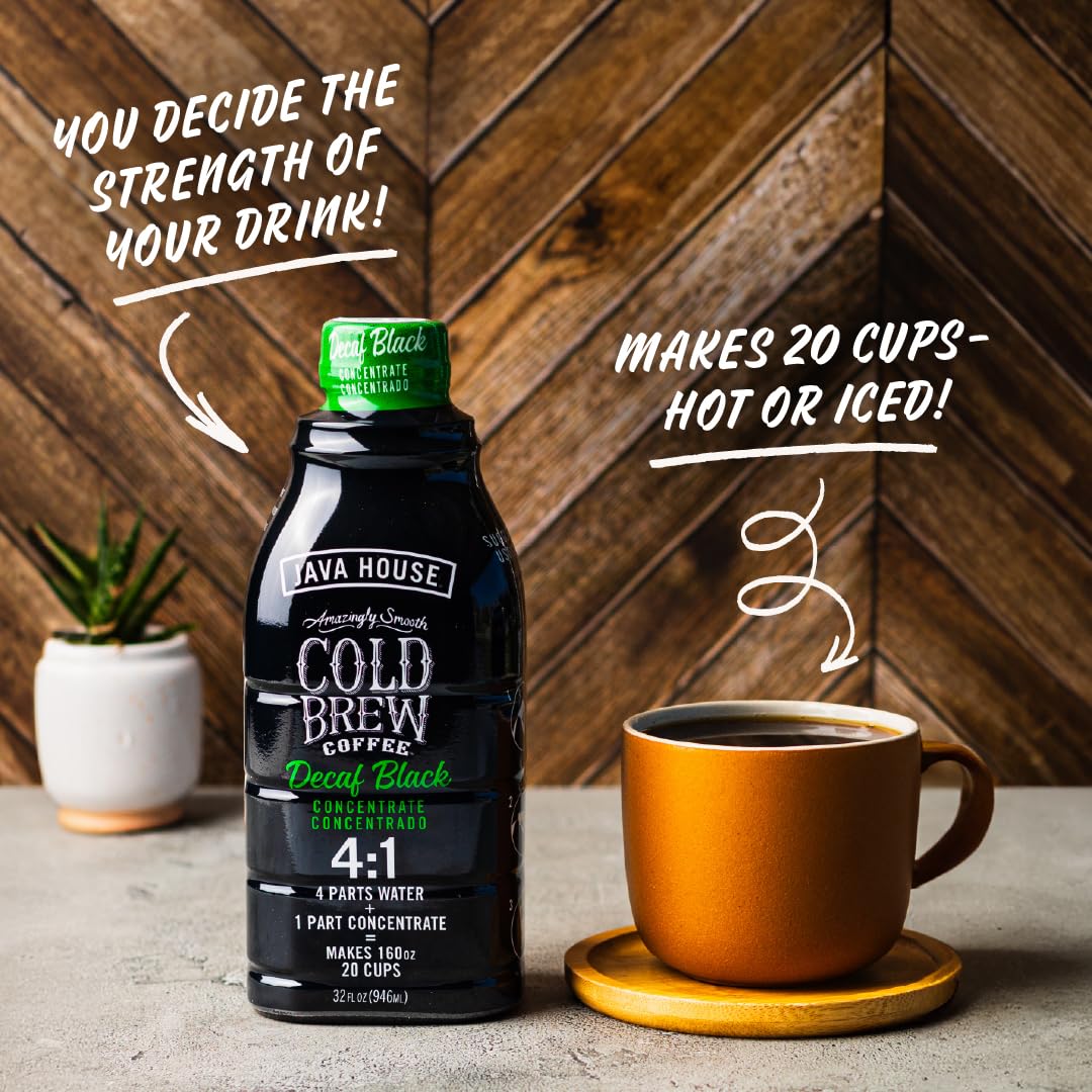 JAVA HOUSE Cold Brew Coffee, Decaf Colombian 4:1 Liquid Concentrate, 32 Ounce Bottle