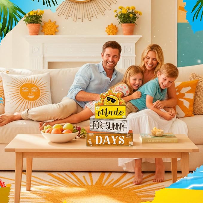 Lineshading 4 Pcs Summer Table Decoration Wooden Sun Beach Tiered Tray Decor - Image 4