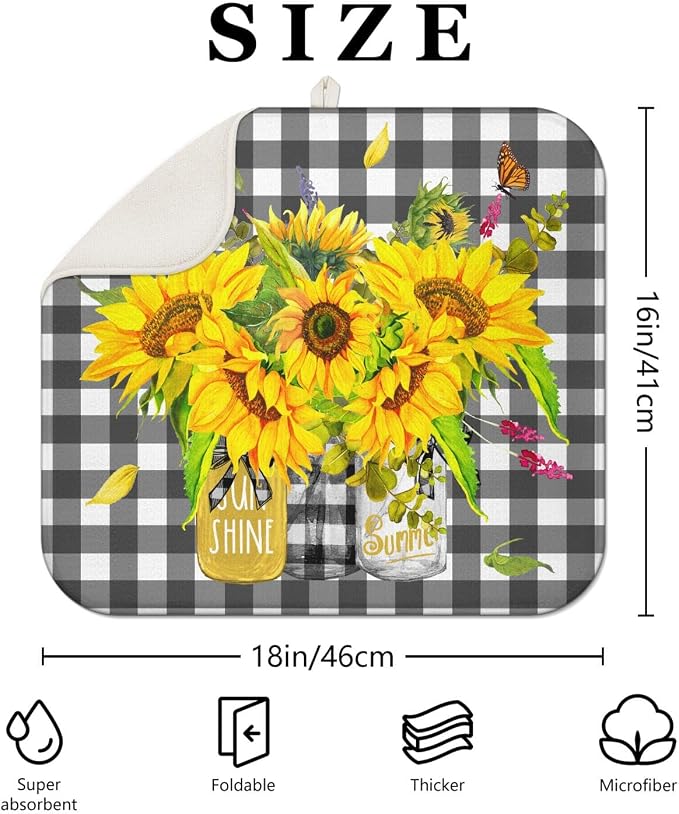 Sunflower Dish Drying Mat for Kitchen Counter, Washable Absorbent Kitchen - Image 2